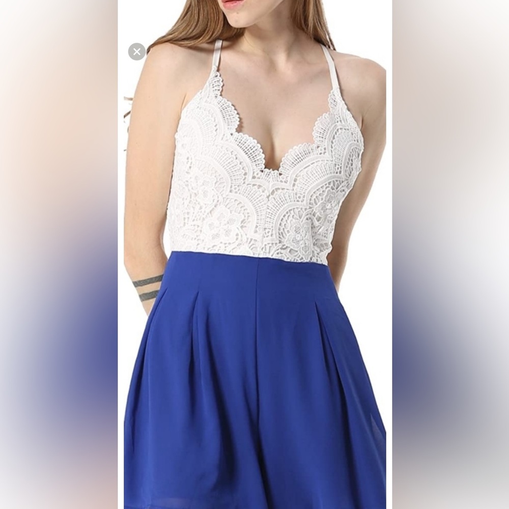 Moxeay White lace top, blue bottom romper